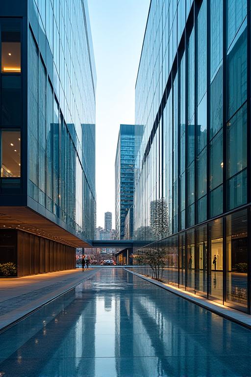 Fotografie moderní architektury, skleněné fasády a odrazy