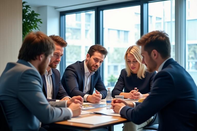 Tým manažerů během dynamického meetingu v moderní kanceláři