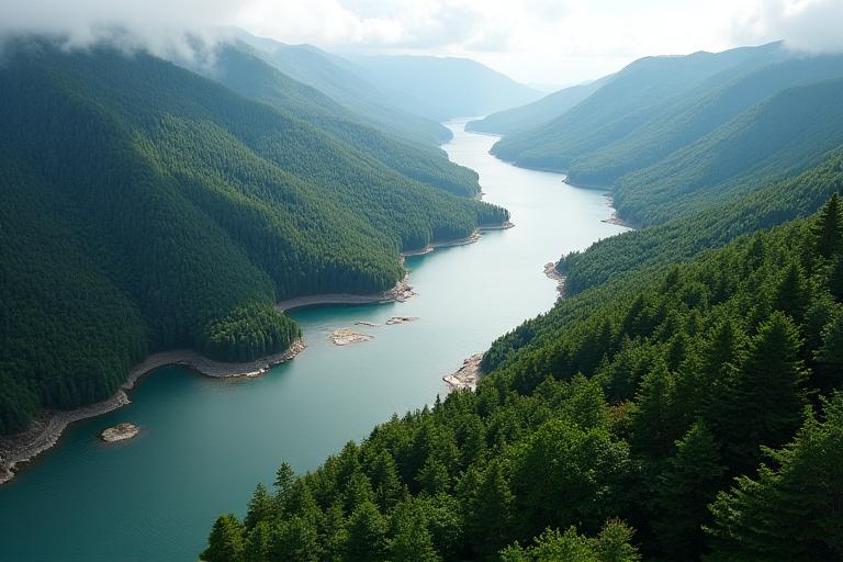 Letecký záběr malebné krajiny z dronu s řekou a lesy