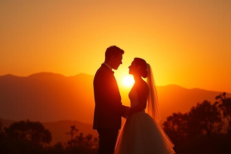 Svatební pár při západu slunce, siluety a zlatavé světlo